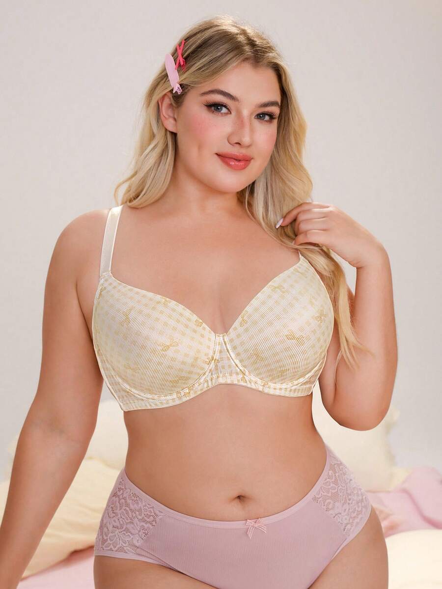 Nora Wilde 1pc Thin Padded Underwire Smooth Plaid Push-Up Comfortable Basic Plus Size Large Cup Bra - White - View 1