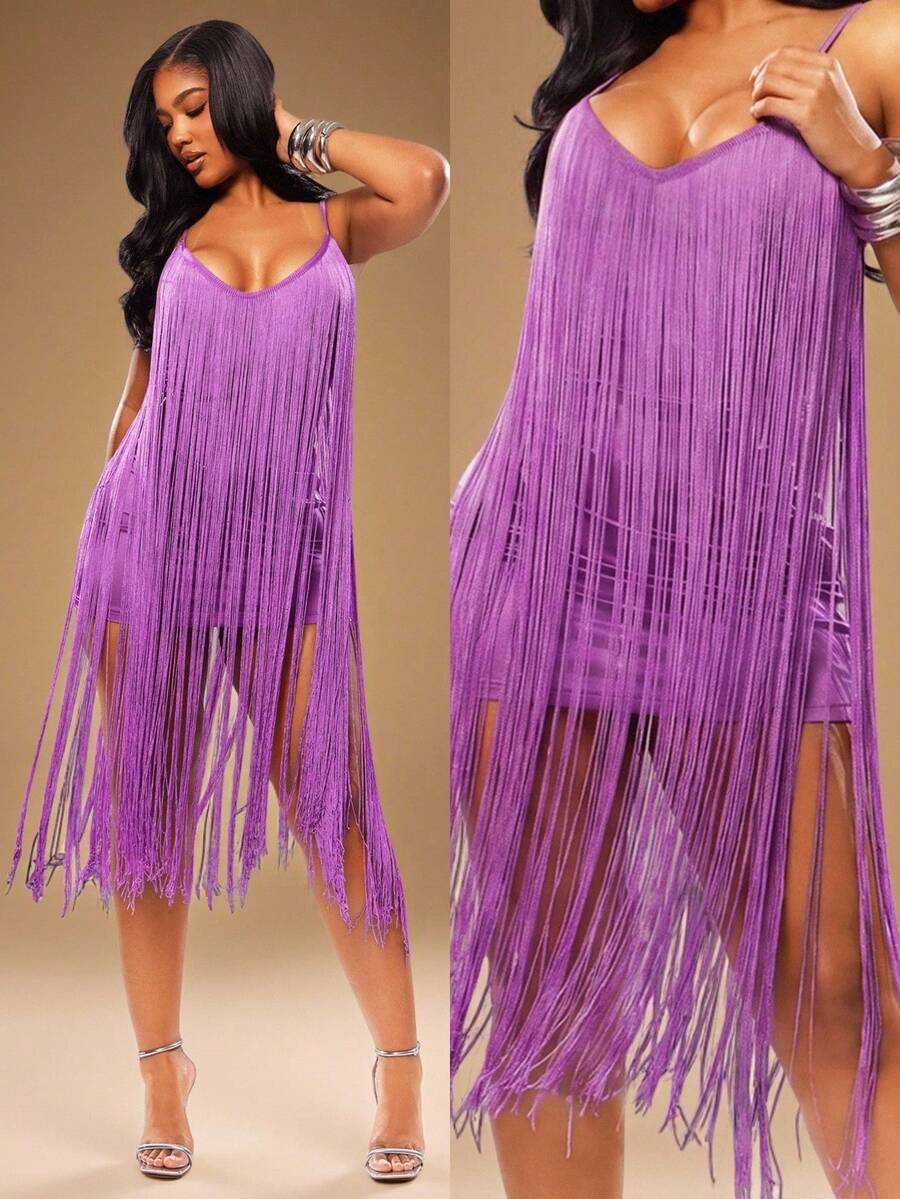 Radiana Women's Solid Color Tassel Design Spaghetti Strap Dress, Suitable For Night Out, Date, Party, Birthday, Banquet, Evening, Cocktail, Ball, Club Purple