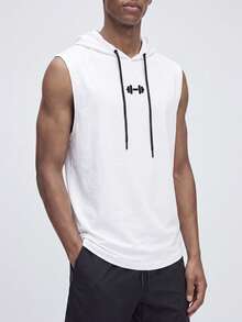 Nelvento Soul Men's Barbell Print Drawstring Waist Hooded Sports Tank Top, Gym - White - View 1