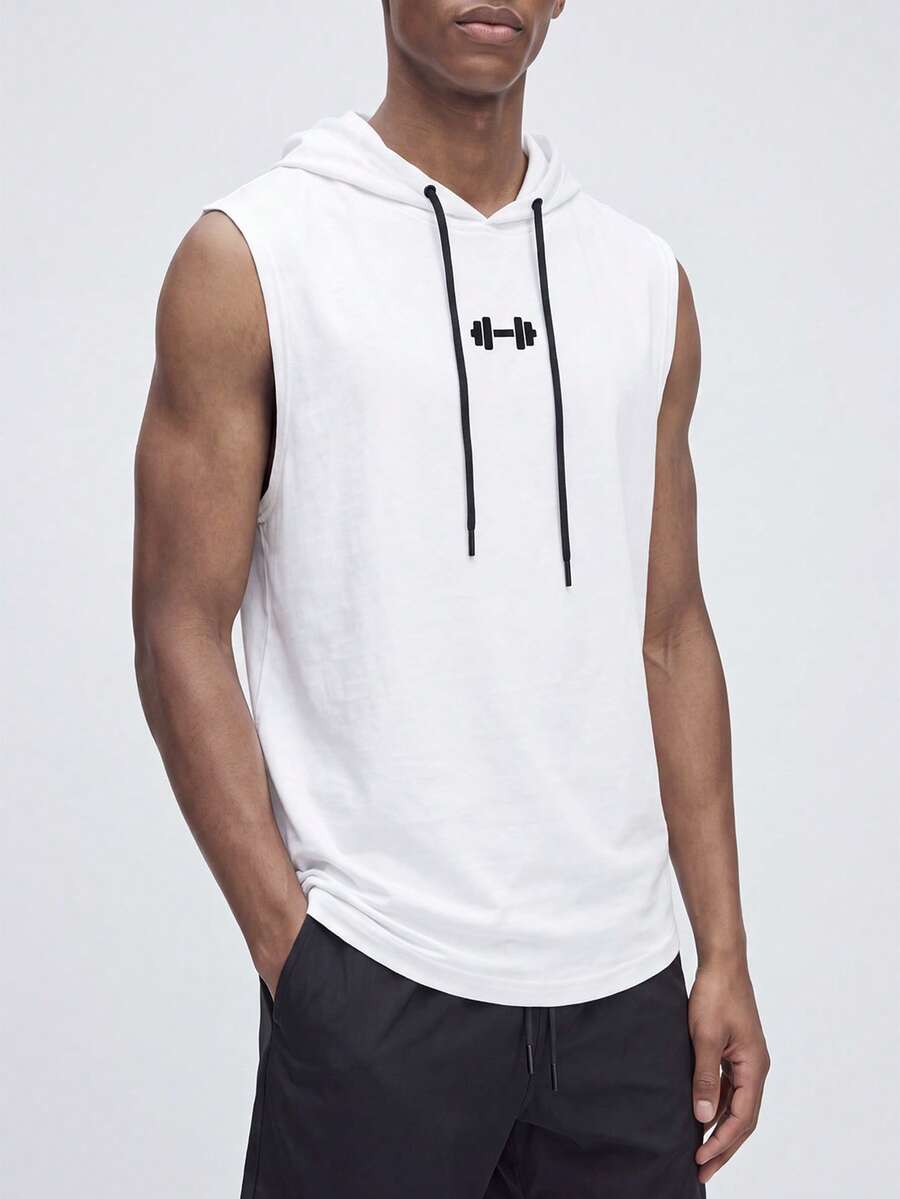 Nelvento Soul Men's Barbell Print Drawstring Waist Hooded Sports Tank Top, Gym - White - View 1