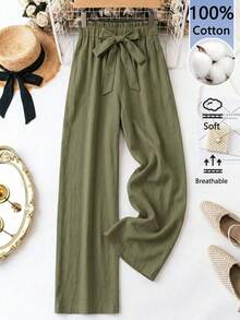 SHEIN LUNE Women's Pure Cotton Army Green Textured Paper Bag Waist Long Pants Spring Autumn - Army Green - View 1