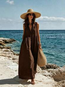 Breezaya Women's Textured Loose Casual White Stand Collar Half-Open Button Sleeveless Dress, Suitable For Beach Travel And Vacation - Brown - View 1