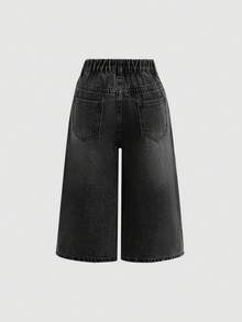 SHEIN Girlism Tween Girl 鈕扣口袋寬鬆時尚百搭牛仔七分褲 - 黑色 - 查看 2