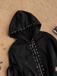 Attitoon Sweatshirt Wanita Polos dengan Tali Serut dan Hiasan Kancing, Pakaian Kasual Serbaguna untuk Sehari-hari - Hitam - View 3