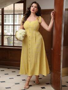 SHEIN Clasi Summer Vintage Style Yellow & White Plaid Tie Strap Square Neck / Heart Neck + Wide Strap Design Plus Size Dress - Yellow - View 8