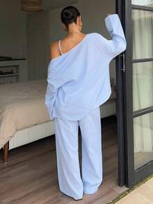 Dazy Plus Setelan Piyama Biru Musim Semi/Musim Panas, Model Kasual Bergaris untuk Pakaian Rumah, Atasan Camisole Lengan Panjang, Cardigan, dan Celana. - Baby Blue - View 2