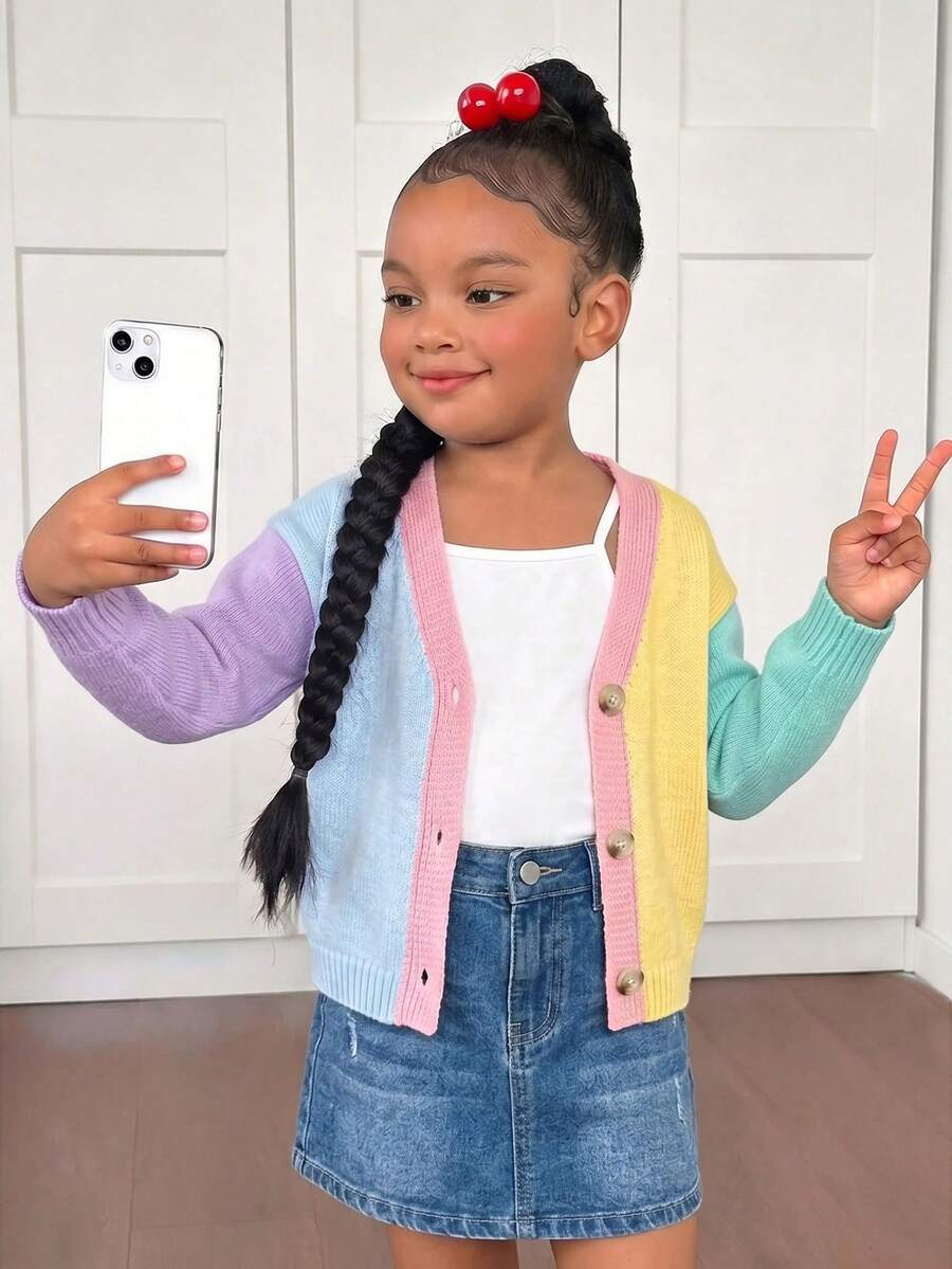 SHEIN 女童時尚休閒極簡拼接色可愛幼兒開襟毛衣外套,女孩馬卡龍色系,可愛毛衣夾克,彩虹色針織開襟衫,拼接色毛衣外套,適合日常穿著、度假出遊,百搭可愛,四季皆宜 - 彩色 - 查看 1