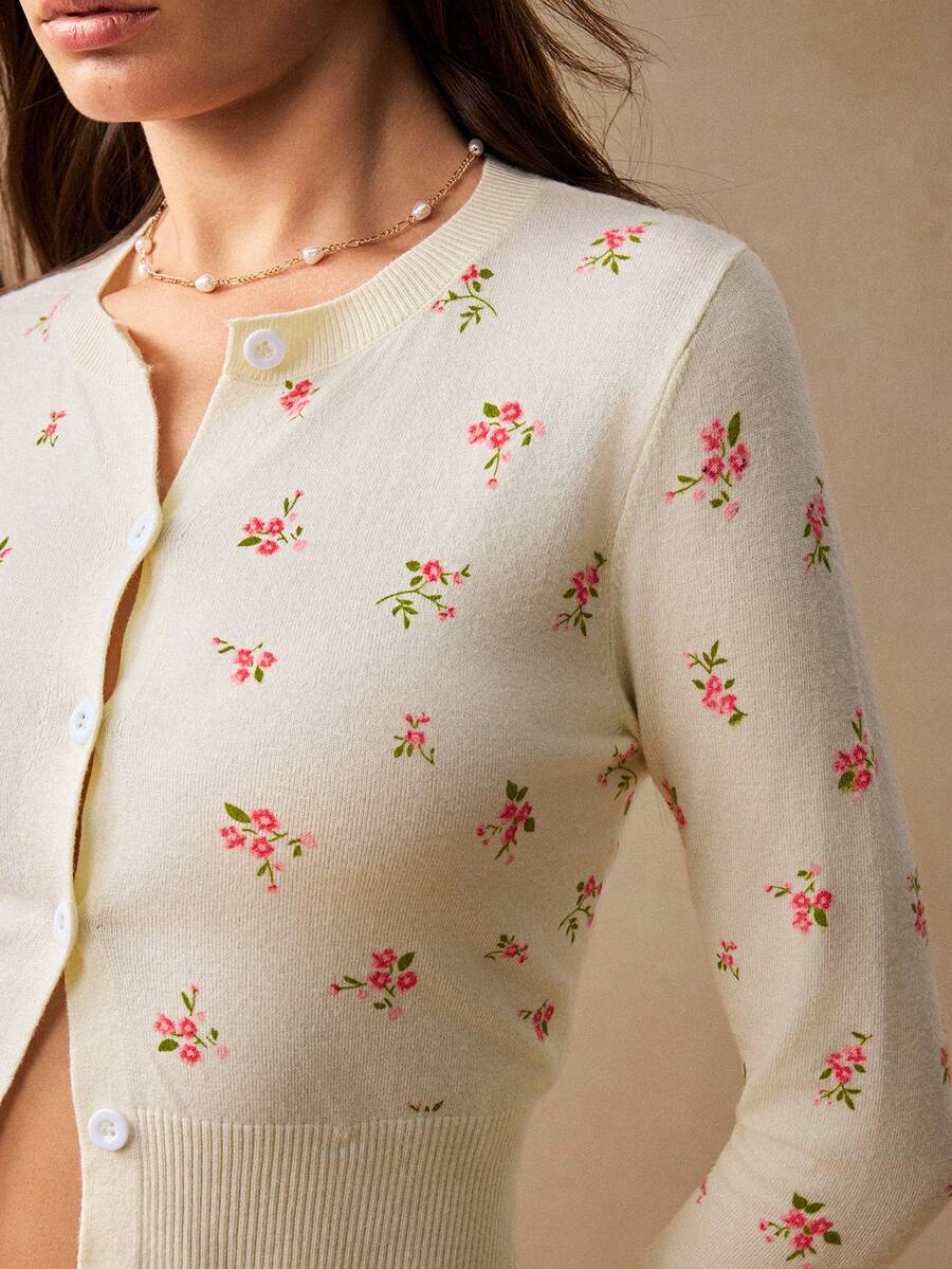 Willow Rêve Women's Pink Floral Pattern Hand-Knit Cardigan Sweater, Romantic Cute Elegant Vacation Style High Tea Party Autumn,Tops For Women,Summer Cardigan - Cream - View 1