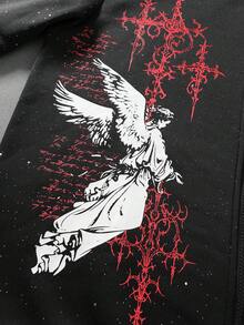 ROMWE MEN Goth 男士重裝水鑽天使印花深色街頭風毛絨連帽衛衣 - 黑色 - 查看 4