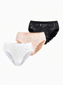Slumbrini 3件套加大码性感蕾丝花卉内裤套装，女士舒适蕾丝边三角内裤 - 彩色 - 查看 2