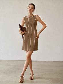 MOTF PREMIUM VESTIDO CORTO SIN MANGAS CON RIBETE BLANCO EN CONTRASTE - Caqui - Ver 4