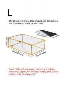 Vintage Rectangular Glass Jewelry Storage Box With Lid, Trinket Display Case For Rings Bracelets Home Decor, European Retro Hexagonal Glass Coasters Embossed Golden Brass Edge Non Slip Table Mat For Jewelry Tabletop. - Gold - View 10