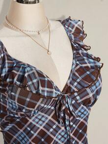 SHEIN ICON 女款大尺碼格紋荷葉邊下擺洋裝 - 藍色 - 查看 7