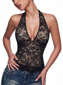 SHEIN ICON Y2K女款黑色性感哥德風外穿露背吊帶背心，蕾絲掛脖深V領收腰A字版型，適合夜店演唱會，夏季 - 黑色 - 查看 5