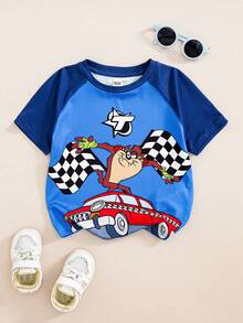 LOONEY TUNES X SHEIN Young Boy Casual Cartoon Car Print Round Neck Short Sleeve Daily T-Shirt - Blue - View 1