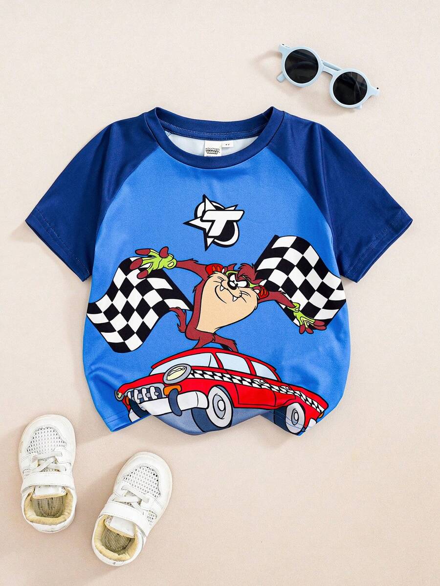 LOONEY TUNES X SHEIN Young Boy Casual Cartoon Car Print Round Neck Short Sleeve Daily T-Shirt - Blue - View 1