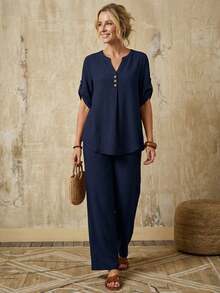 Faunlyn Women Two-piece Outfits Tombol Plain Casual - Navy Blue - View 6