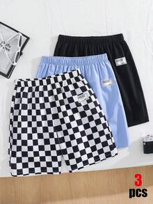 SHEIN 3件組兒童青少年男童買1送2套裝休閒大學風舒適棋盤格印花寬鬆梭織短褲、運動長褲、黑色短褲、白色短褲、棋盤格短褲、工裝褲、Y2K套裝，適合春夏季、外出、情人節、約會、旅行、度假、家庭聚會、開學季、婚禮季、晚餐、運動、生日派對 - 彩色 - 查看 7