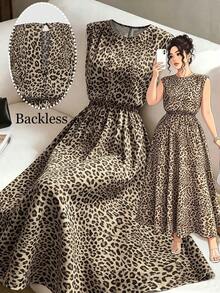 GlowEve CURVE Plus Size Women's Summer Classic Leopard Print Sleeveless Waist-Cinching A-Line Vintage Elegant Commuter Midi Dress - Rust Brown - View 1