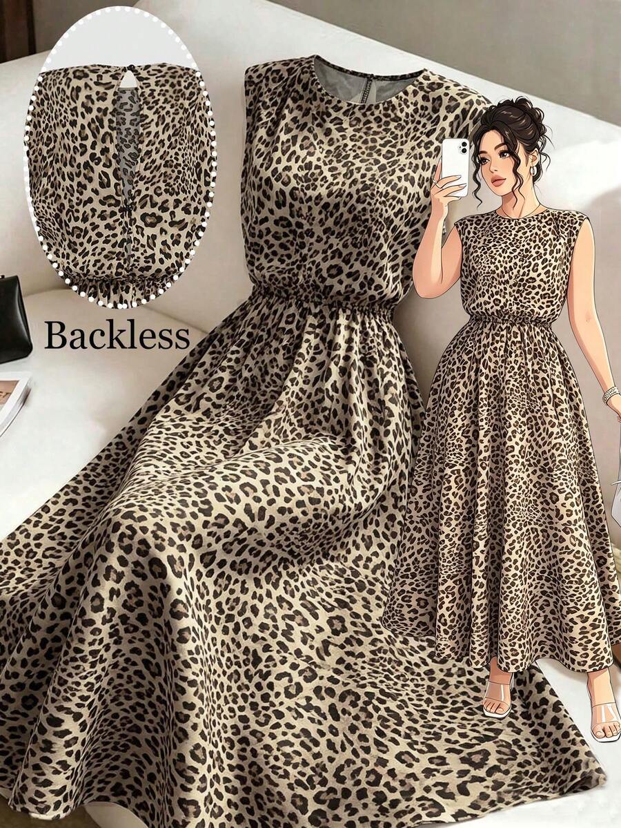 GlowEve CURVE Plus Size Women's Summer Classic Leopard Print Sleeveless Waist-Cinching A-Line Vintage Elegant Commuter Midi Dress - Rust Brown - View 1