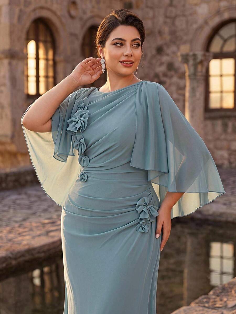 Serin Plus Size Elegant Classy Formal Party Bridesmaid Dusty Blue 3D Floral Flutter Sleeve Chiffon Ruched A-Line Dress Evening Dinner Wedding Prom Fall
