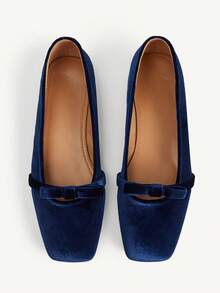 CUCCOO CHICEST Navy Blue Velvet Mary Jane Shoes For Women, French Retro Square Toe Flats, Soft-Soled Ballet Shoes - Blue - View 1