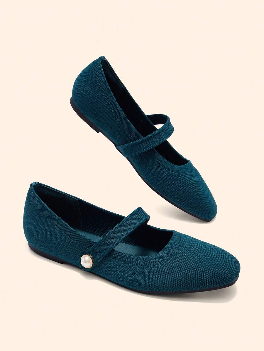 CUCCOO BASICS Women's Fashion Fabric Comfortable Breathable Pearl Decor Mary Jane Flats For Commuting, Dating, Party, School For Christmas Spring Shoes - Peacock Blue - View 1