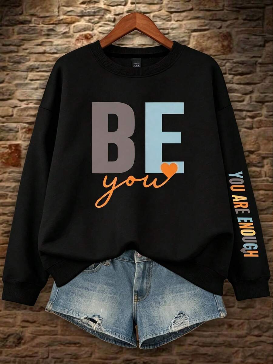 SHEIN LUNE 女款簡約 BE YOU,YOU ARE ENOUGH 字母印花運動衫 - 黑色 - 查看 1