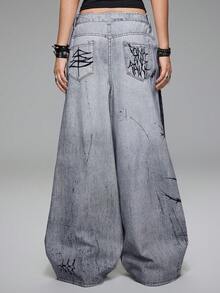 ROMWE Grunge Punk 暗黑朋克十字骷髅天使蜘蛛标语印花女式阔腿牛仔裤 - 藍色 - 查看 2
