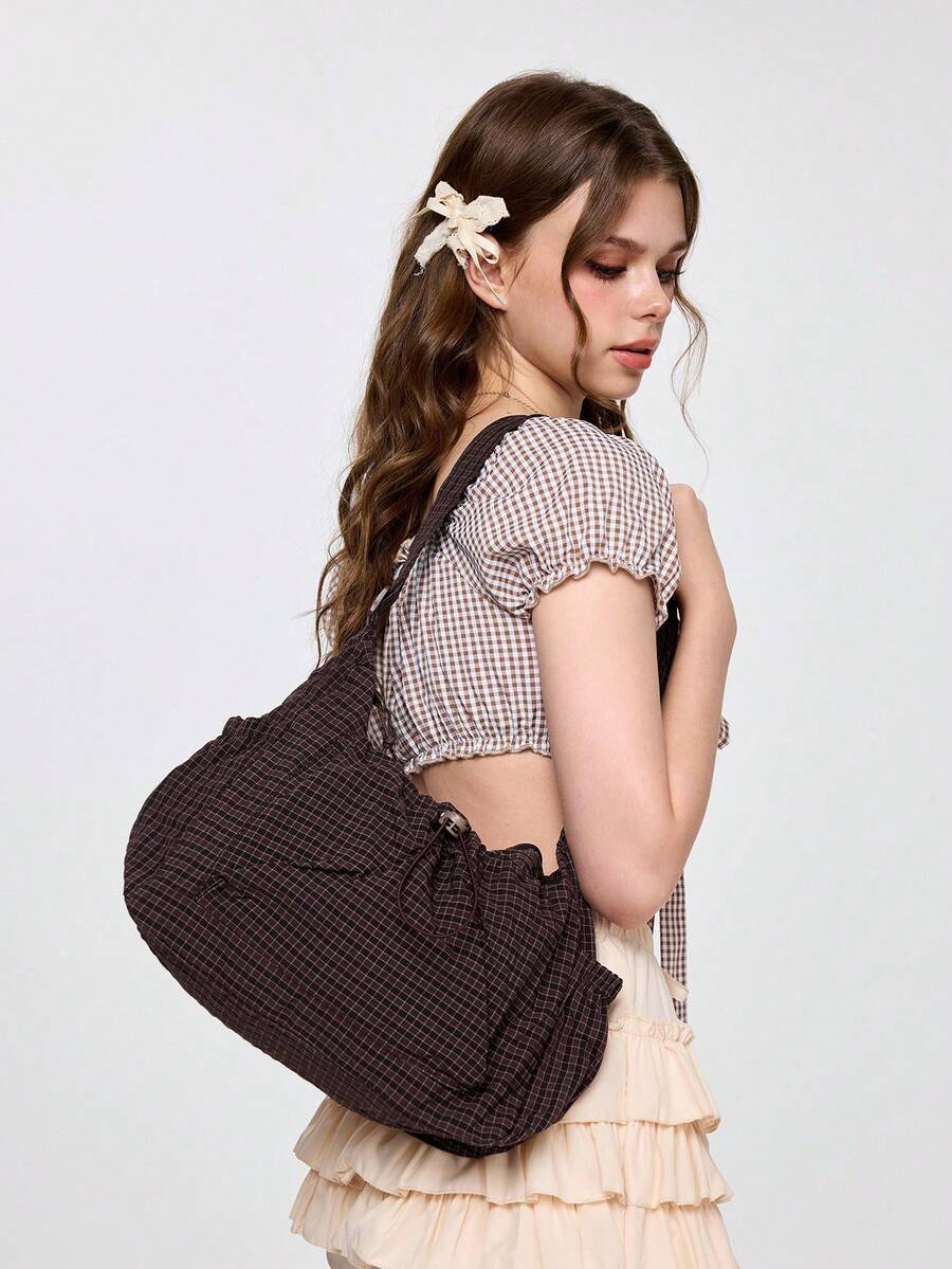 ROMWE Kawaii 新款格子抽绳云朵褶皱单肩包/斜挎包 女士 - 咖啡 - 查看 1