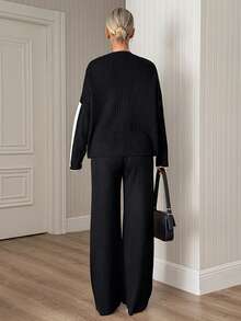 SHEIN Solid Ribbed Knit Contrast Stripe Quarter Zip Top & Wide Leg Pants Two Pieces Set - Black - View 2