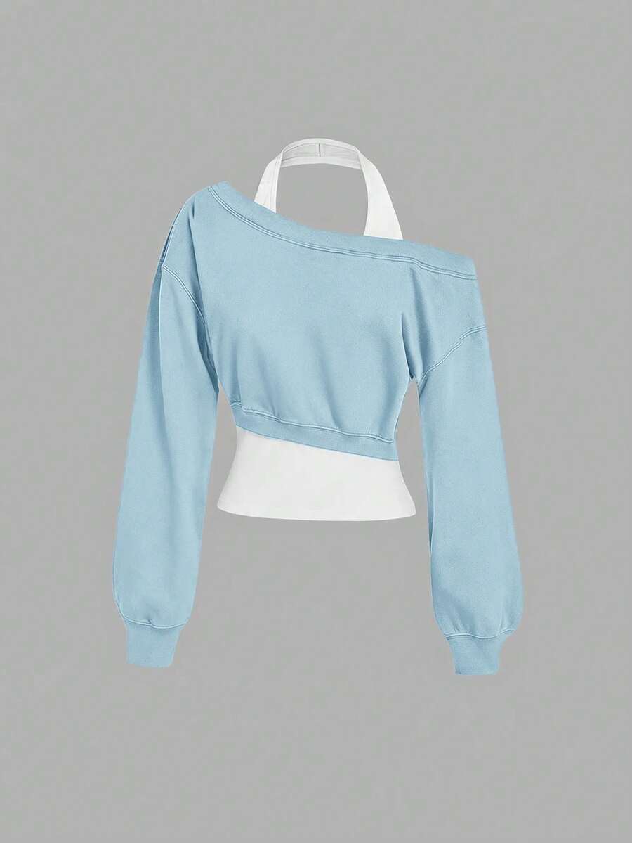 SHEIN MOD 女款灰色不對稱領口 2 合 1 衛衣 秋冬款 - 藍白色 - 查看 1