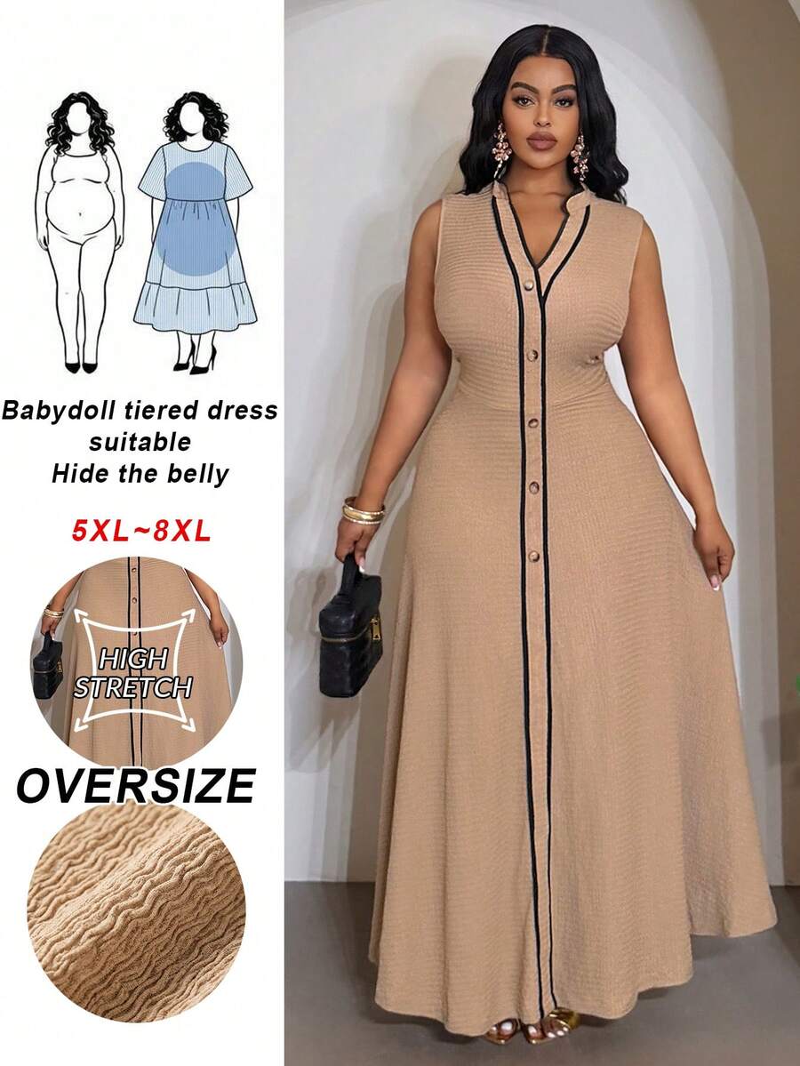 SHEIN CURVE+ 2026 Damen Große Größen Frühling und Sommer Neue Musik Festival, Ostern, Westlicher Stil, Nomadischer Stil, Geburtstagsfest, Abschlussfeier, College Stil, Studentischer Alltag, Grundlegende Vielseitigkeit, Lässig Urlaubsreise, Elegante Party, Tanzparty, Freizeitkleidung, Hochwertig eleganter Khaki und Schwarz kontrastierender V-Ausschnitt A-Linie Maxirock, Ärmelloses Kleid, Damen Berufskleidung, Damen Businesskleidung, Damen Atemberaubendes Kleid - Khaki - Übersicht 1