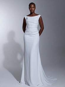 Elitara Plus Size Elegant Classy Formal Dinner Deep U-Neck Ruffled Corset Bodice Mermaid Hem Wedding Party Evening Dress Gown Long White Autumn - White - View 2