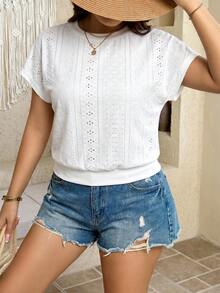 SHEIN LUNE Plus Size Summer Casual Elegant Solid Color Textured T-Shirt Formal White Dinner Office - Multicolor - View 3