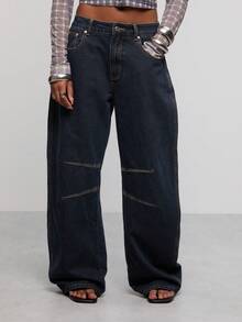 COUREZ Low Rise Mid Balloon Jeans With Seaming Details /Y2K Fall Outfits Autumn Fall Clothes Jeans For Women Baggy Jeans Pants For Women Wide Leg Pants Woman - Dark Wash - View 5