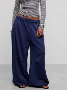 COUREZ Low Rise Oversized Casual Sweatpants With Knee Pleats, Y2K Comfy Pants For Women Navy Blue Bottoms Fall Autumn Going Out Airport - Blue - View 7