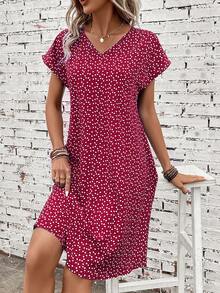 EMERY ROSE Heart Print Batwing Sleeve Dress - Red - View 4