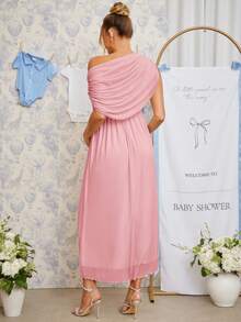 Loomaby Maternity Solid Color Pleated Asymmetric Neck Elegant Dress - Pink - View 8