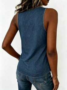 INAWLY Women's Fashion Versatile Denim Effect Print V-Neck Tank Top - Multicolor - View 2