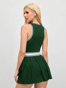 SHEIN Cheerettes 女式字母印花条纹圆领褶边无袖运动连衣裙 - 綠色 - 查看 3