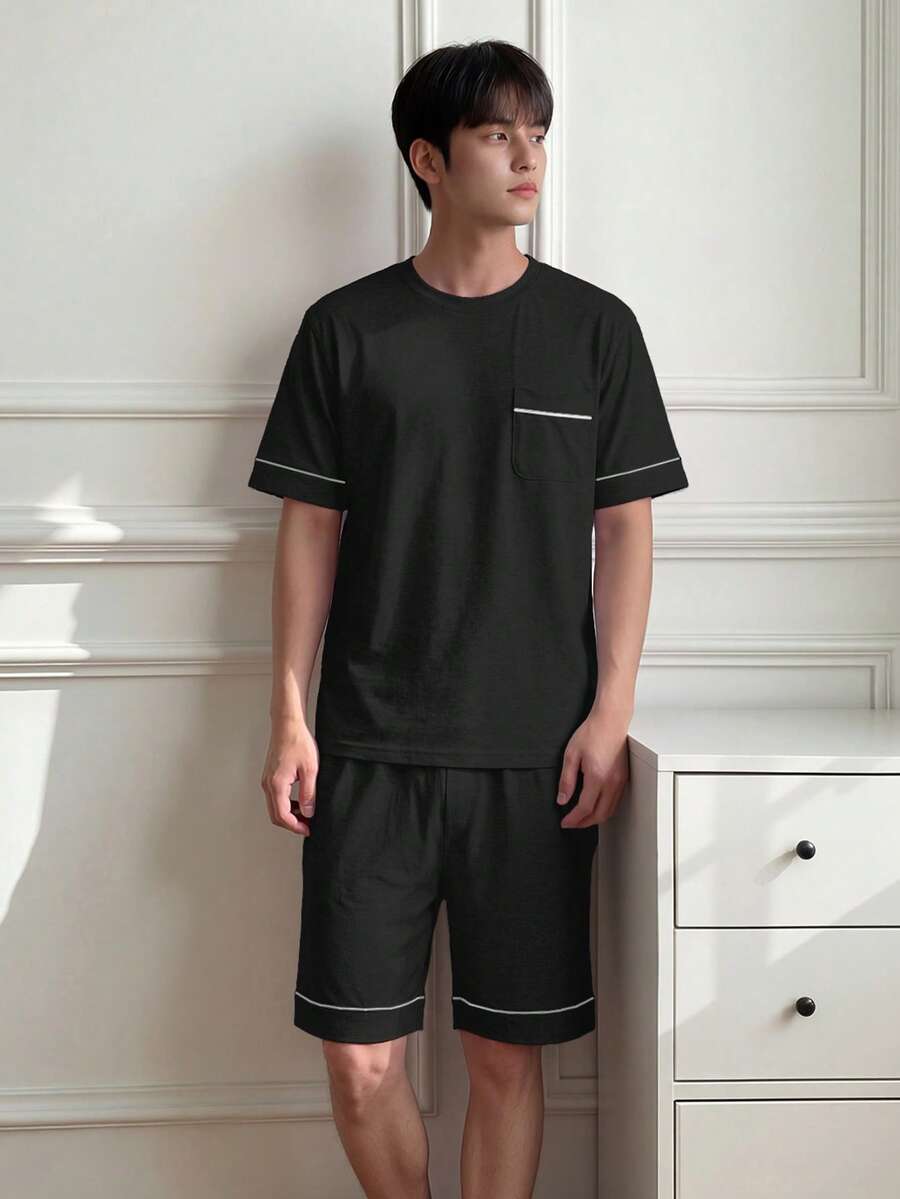 Napfluff 男士針織圓領短袖五分褲對比飾邊睡衣套裝 - 黑色 - 查看 1