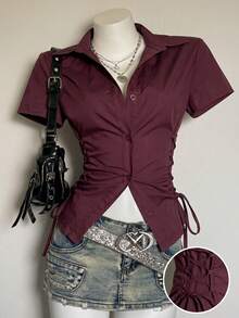 Attitoon Y2K Back To School  Solid Color Pleated Casual Versatile Daily Wear Shirt - Burgundy - View 3