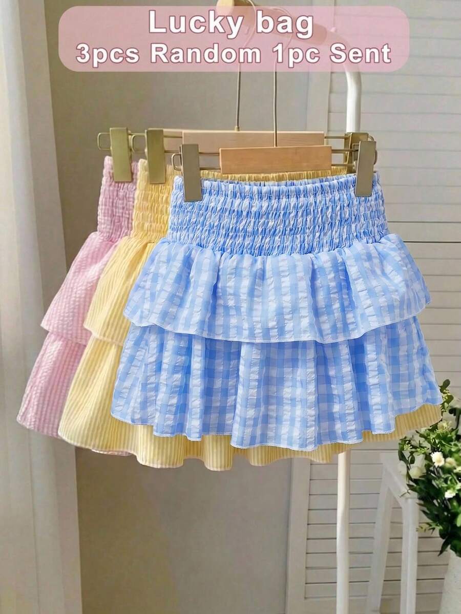 SHEIN Tween女孩腰部抓褶黑白條紋迷你裙,內建內搭褲防走光,適合休閒度假、校園與街頭穿搭 - 彩色 - 查看 1