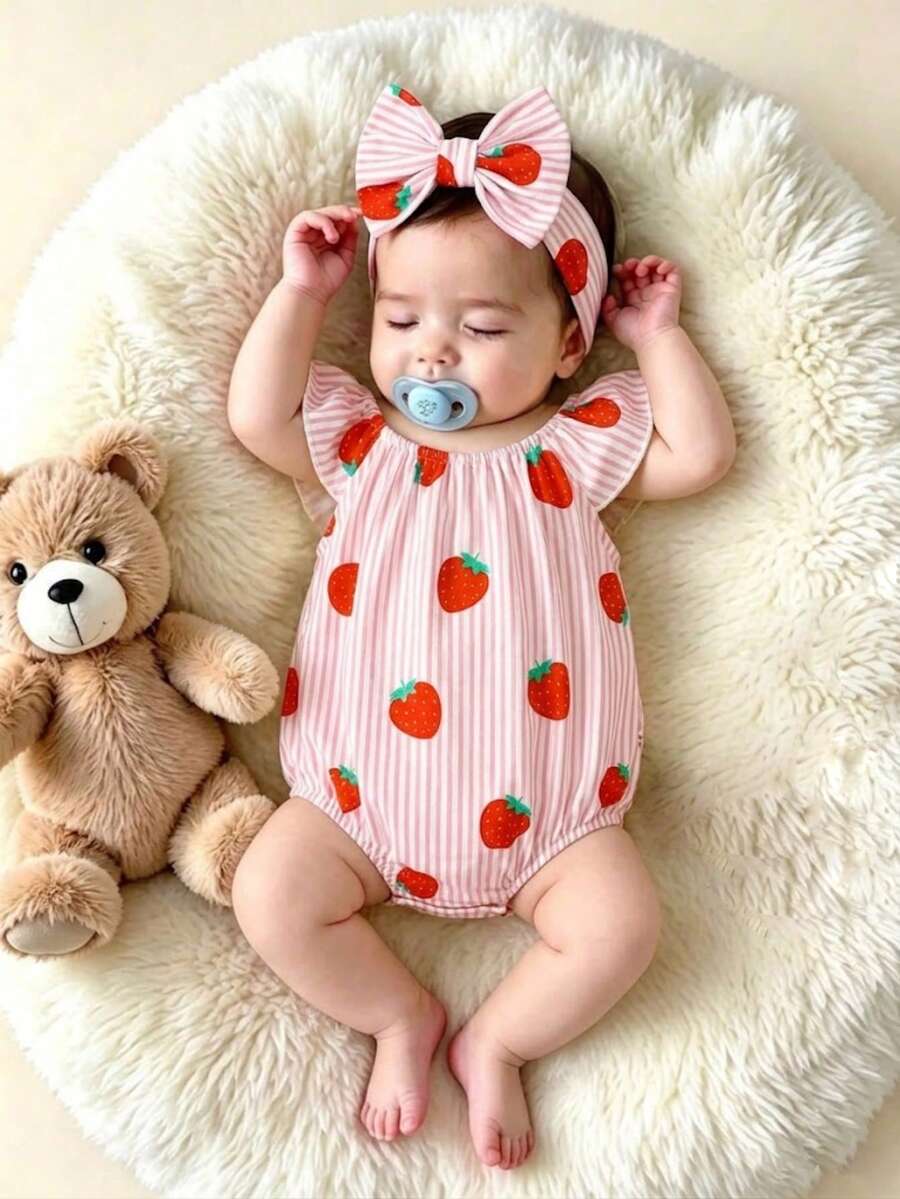 SHEIN Vintaside Kids Bodysuit Bayi Perempuan Baru Lahir 2 Potong Motif Stroberi Lengan Bergelombang Gaya Musim Panas