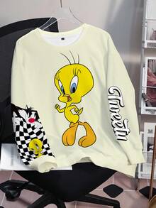 LOONEY TUNES X SHEIN Sweatshirt Leher Bulat Motif Kartun Ukuran Besar untuk Musim Gugur - Putih - View 8