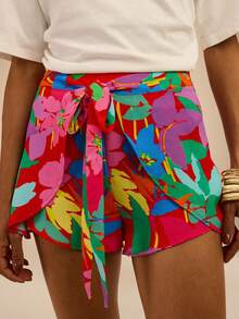 Dancing Leopard Red Tropical Wrap Tie Front Shorts, Holiday/Vacation Wear - Multicolor - View 3
