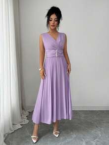 Elenzga Women's Elegant Romantic V-Neck Sleeveless Pleated Dress - Mauve Purple - View 5