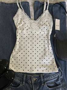 IslaSuriya Polka Dot Print Lace Patchwork Cup Cross Strap Top - Multicolor - View 1