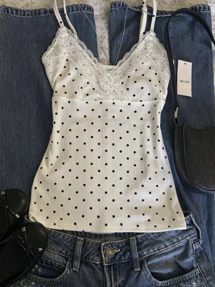 IslaSuriya Polka Dot Print Lace Patchwork Cup Cross Strap Top - Multicolor - View 1
